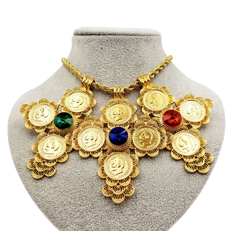 24k Gold Plated Necklace With Gemstone Geometric Gold Pendant Supplier