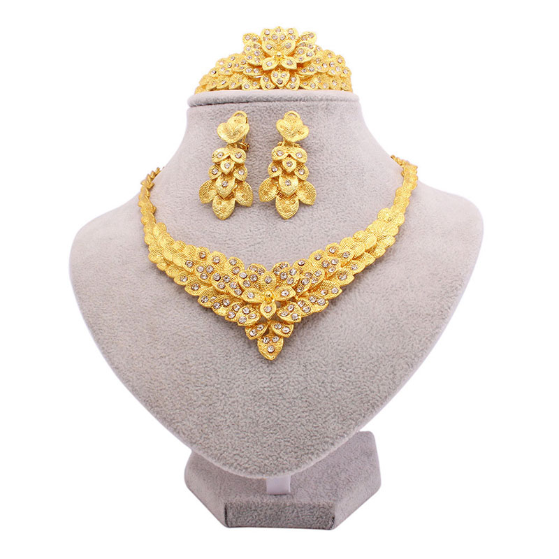 24k Gold Plated Bridal Necklace Ring Earrings Bracelet Set Of 4 Manufacturer