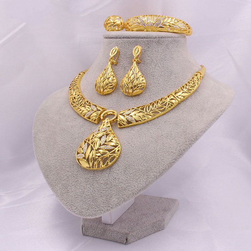 24k Gold Plated Bridal Necklace Earrings Ring Bracelet Set Of Four Manufacturer