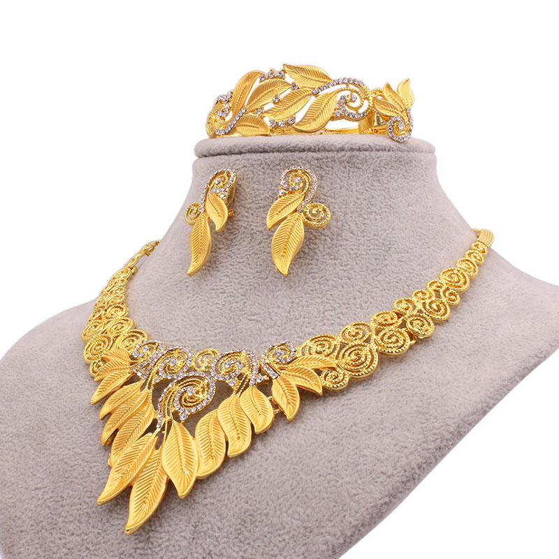 Wedding 24k Gold Plated Necklace Earrings Ring Bracelet Set Of Four Supplier