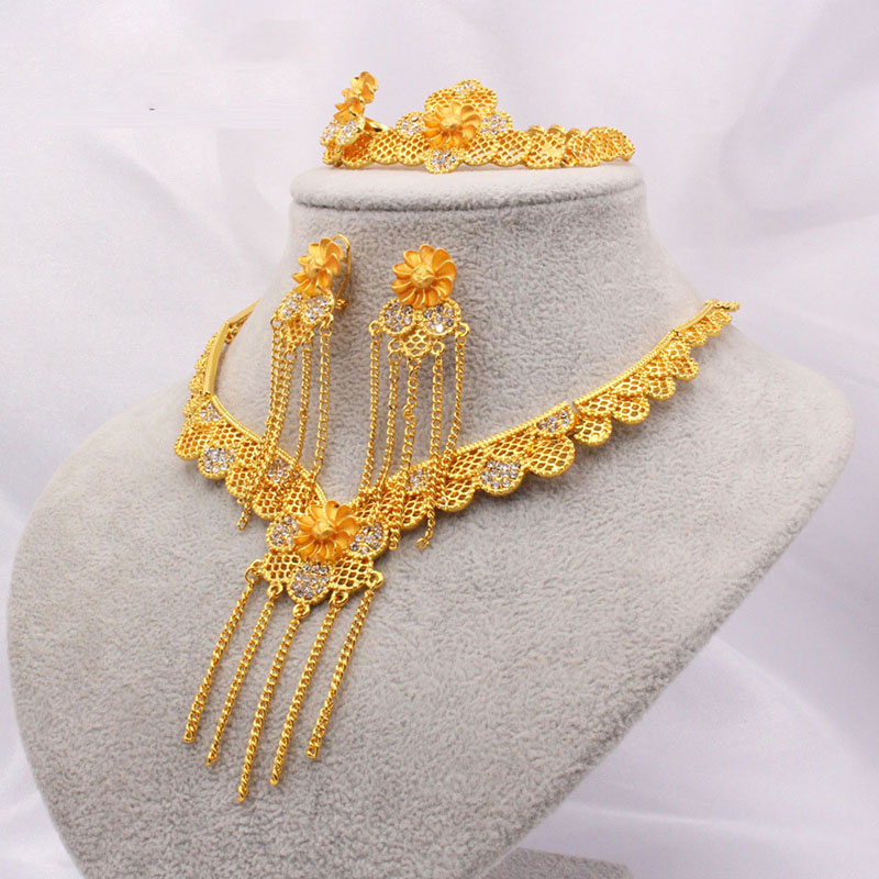 24k Gold Wedding Necklace Ring Earrings Bracelet Set Of Four Manufacturer