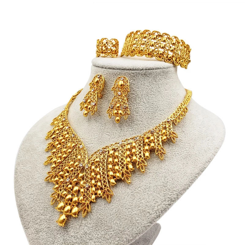 24k Gold Plated Bridal Necklace Bracelet Earrings Ring Set Of Four Manufacturer