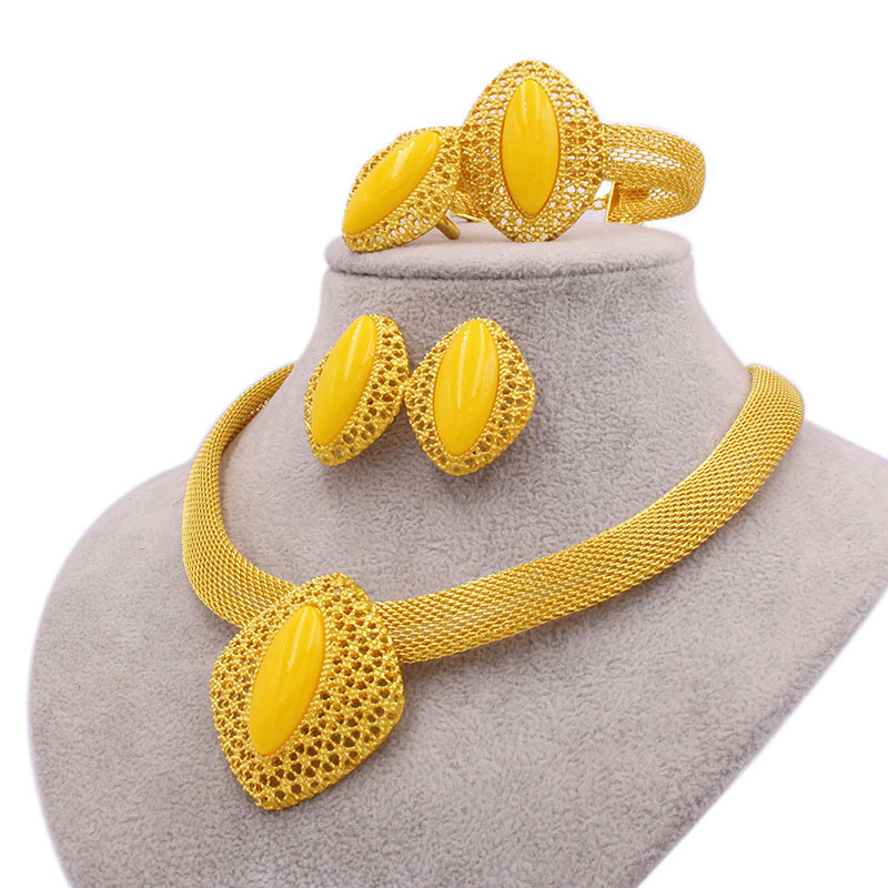 24k Gold Plated Bridal Necklace Bracelet Earring Ring Set Of Four Manufacturer