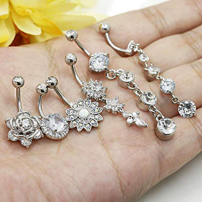 6-piece Stainless Steel Zirconia Silver Navel Ring Set Supplier