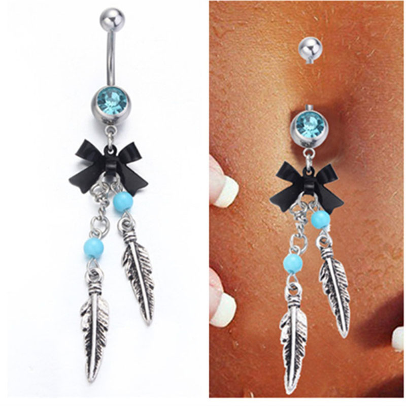 Wholesale Jewelry Bow Vintage Blue Beaded Feather Stainless Steel Navel Ring Button Piercing