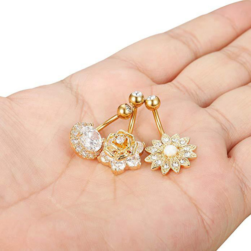 3 Piece Stainless Steel Zirconia Gold Belly Button Ring Set  Ornaments Supplier