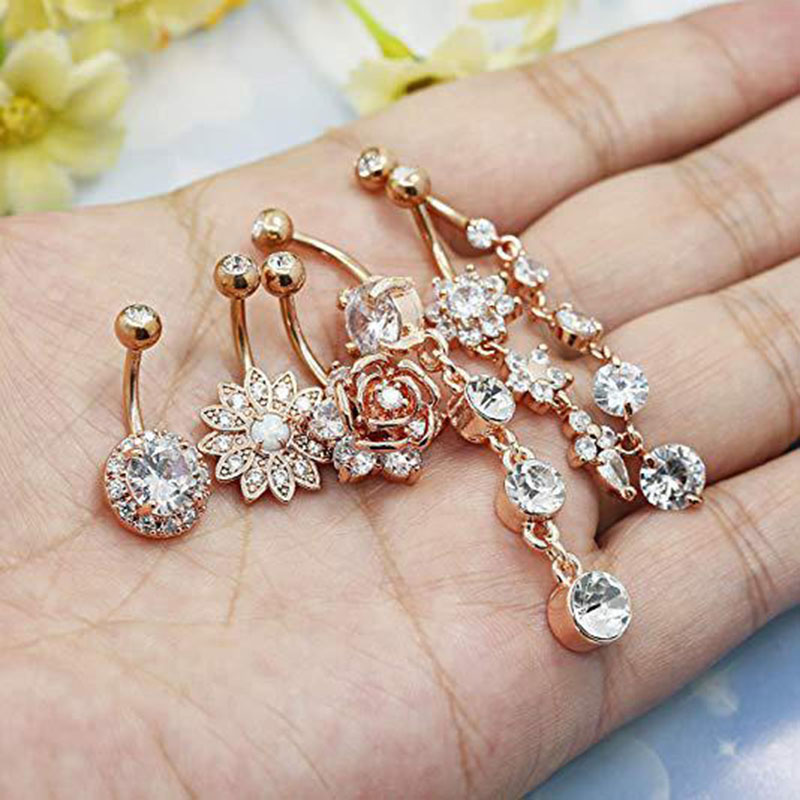 6 Piece Stainless Steel Zircon Rose Gold Belly Button Ring Set Supplier