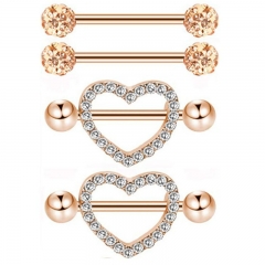 Wholesale Jewelry Stainless Steel 14g Peach Punk Wind Nipple Ring Heart-shaped Double Layer Full Of Diamonds Body Piercing Jewelry