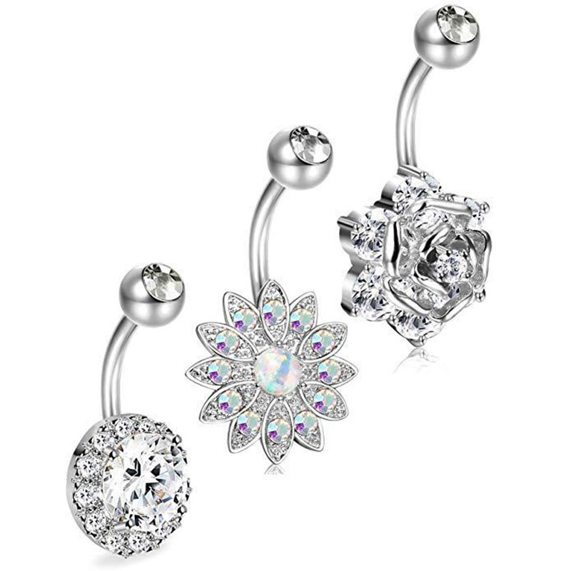 3-piece Stainless Steel Zirconia Silver Belly Button Ring Set Body Piercing Jewelry Supplier