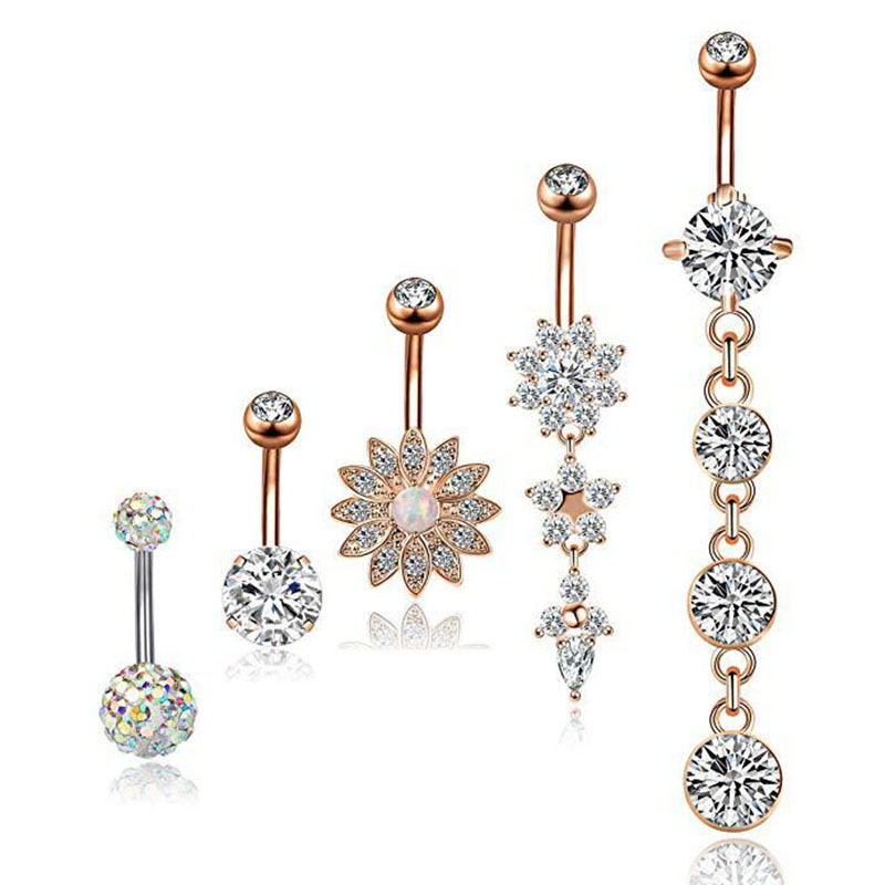 Five-piece Stainless Steel Zirconia Rose Gold Belly Button Ring Set Supplier