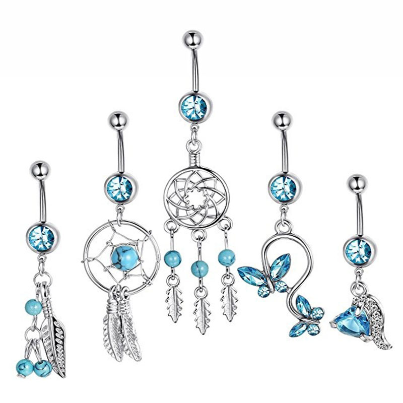 Wholesale Jewelry Blue Dreamcatcher Butterfly Zirconia Belly Button Ring Heart Shaped Belly Button Piercing Body Jewelry
