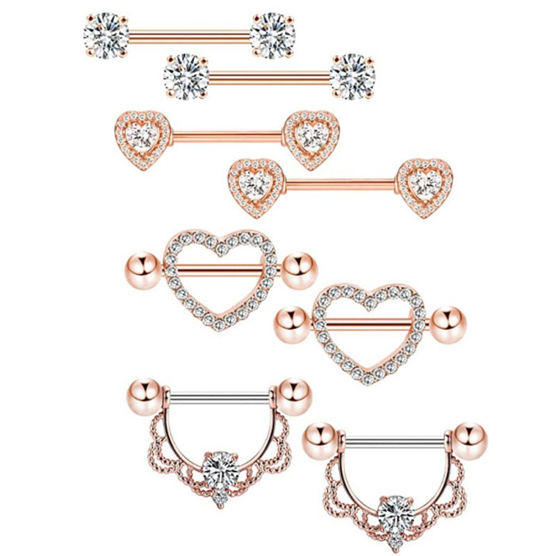 Wholesale Jewelry Stainless Steel 14g Peach Heart Punk Wind Nipple Ring Heart Double Layer Full Of Diamonds Ball Nipple Piercing Body Piercing