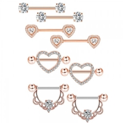 Wholesale Jewelry Stainless Steel 14g Peach Heart Punk Wind Nipple Ring Heart Double Layer Full Of Diamonds Ball Nipple Piercing Body Piercing