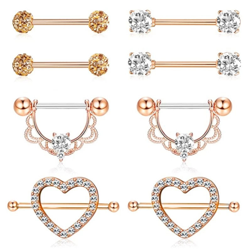 Wholesale Jewelry Stainless Steel 14g Peach Heart Punk Style Nipple Ring Heart-shaped Double Layer Full Of Diamonds Ball Nipple Piercing