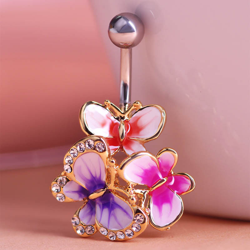Wholesale Jewelry Butterfly Flower Oil Dripping Belly Button Rings Belly Button