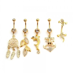 Gold Five Piece Set Of Leaves Dolphin Skull Gecko Navel Piercing Distributor