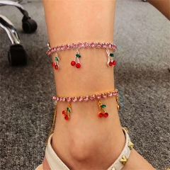 Wholesale Cherry Anklet Rhinestone Cherry Pendant Anklet Fashion Temperament Versatile Flash Diamond Anklet