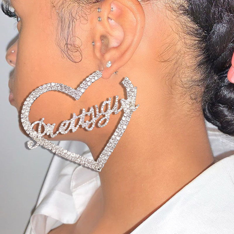 Wholesale Letter Love Earrings Fashionable And Versatile Hollow Full Diamond Heart-shaped Earrings