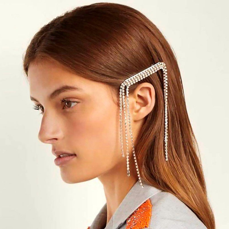 Wholesale Rhinestone Tassel Hair Clip Female A Word Clip Fashion Hair Card Personality Trend Hair Clip