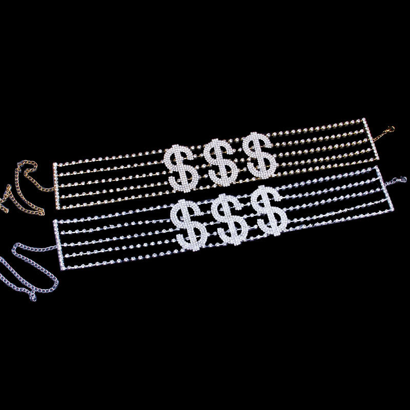 Wholesale Exaggerated Harajuku Rhinestone Dollar Necklace Letters Hip-hop $$$ Symbol Punk Collarbone Chain
