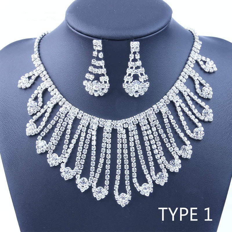 Wholesale Bridal Necklace Earrings Two-piece Set Crystal Rhinestone Tassel Necklace Set