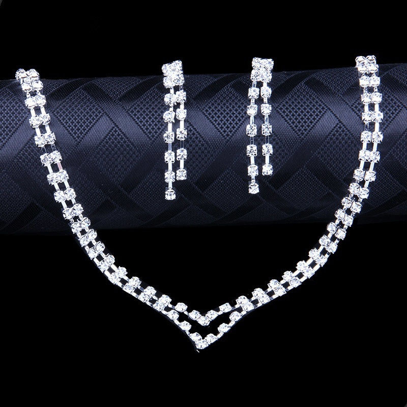 Wholesale Bridal Set Chain Full Of Diamonds Double Silver Plated Rhinestone Necklace Earrings Earrings Pin Set