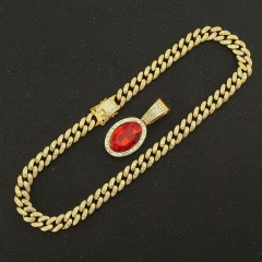 Ruby Oval Pendant Large Clasp Cuban Chain Necklace Supplier
