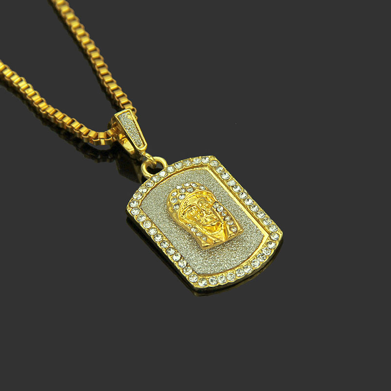Wholesale Men's Diamond Encrusted Glitter Portrait Military Pendant Necklace