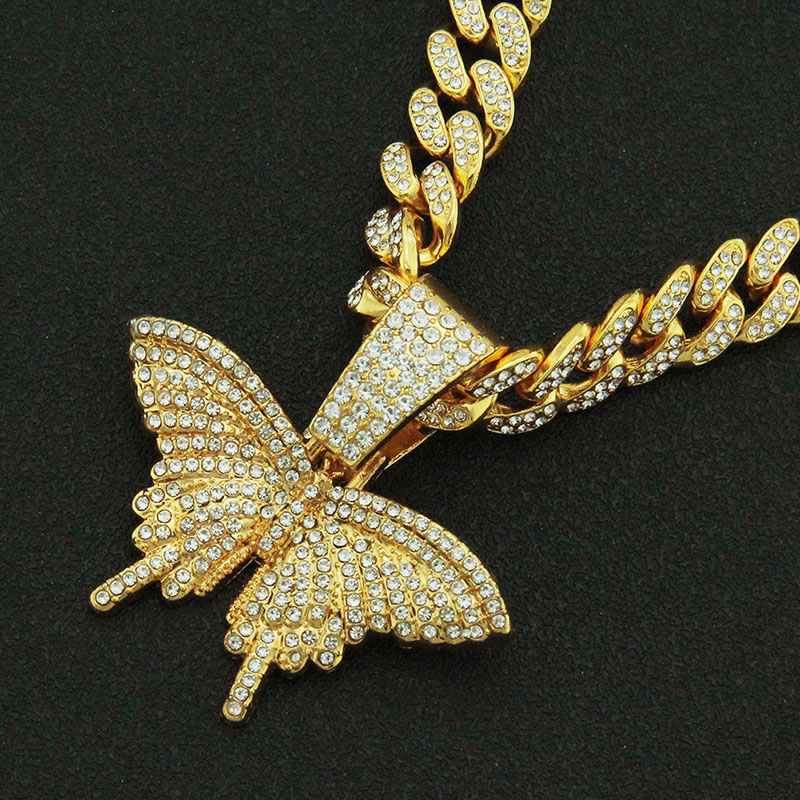 Hip Hop Full Of Diamonds Stereoscopic Butterfly Pendant Fashion Punk Wide Chain Cuban Chain Supplier