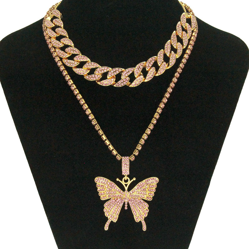 Hip Hop Ladies Micro Rhinestone Cuban Necklace Large Butterfly Set Clavicle Chain Supplier