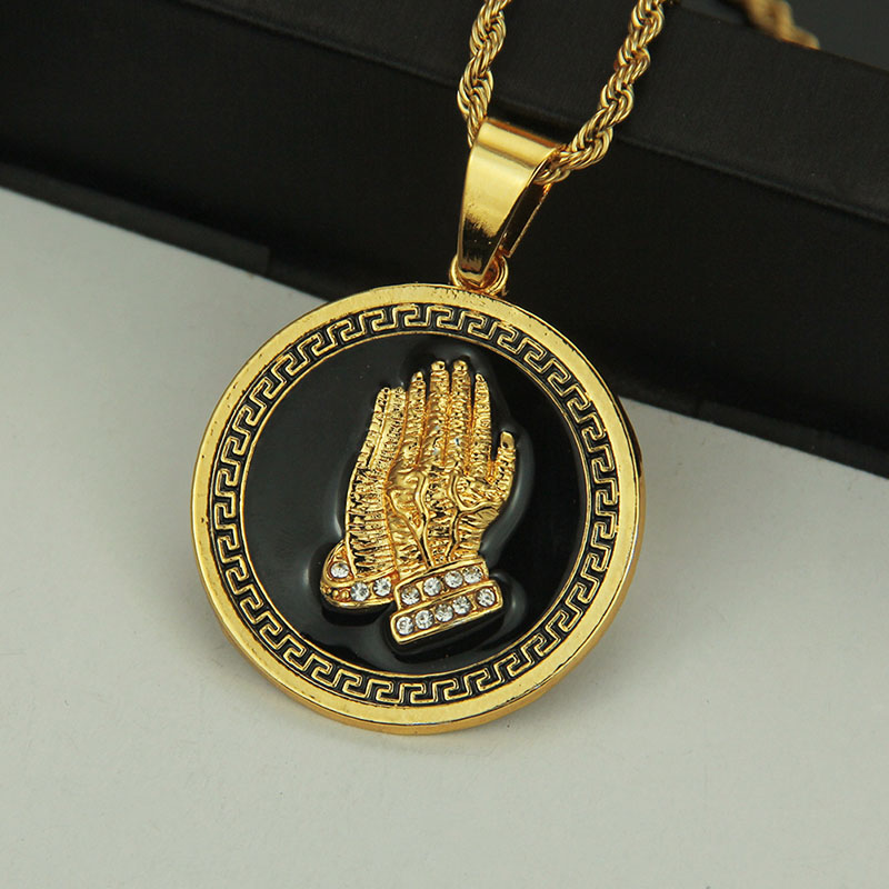Wholesale Round Sign Painted Oil Prayer Hand Pendant Necklace For Men