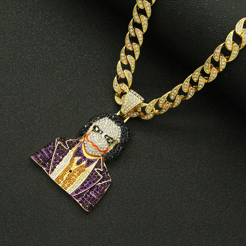 Hip Hop Three Dimensional Diamond Encrusted Clown Pendant Necklace Cuban Chain Supplier