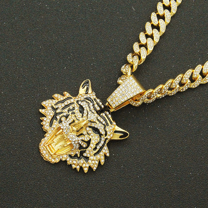 Stereoscopic Full Diamond Painted Oil Tiger Head Pendant Necklace Cuban Chain Necklace Supplier