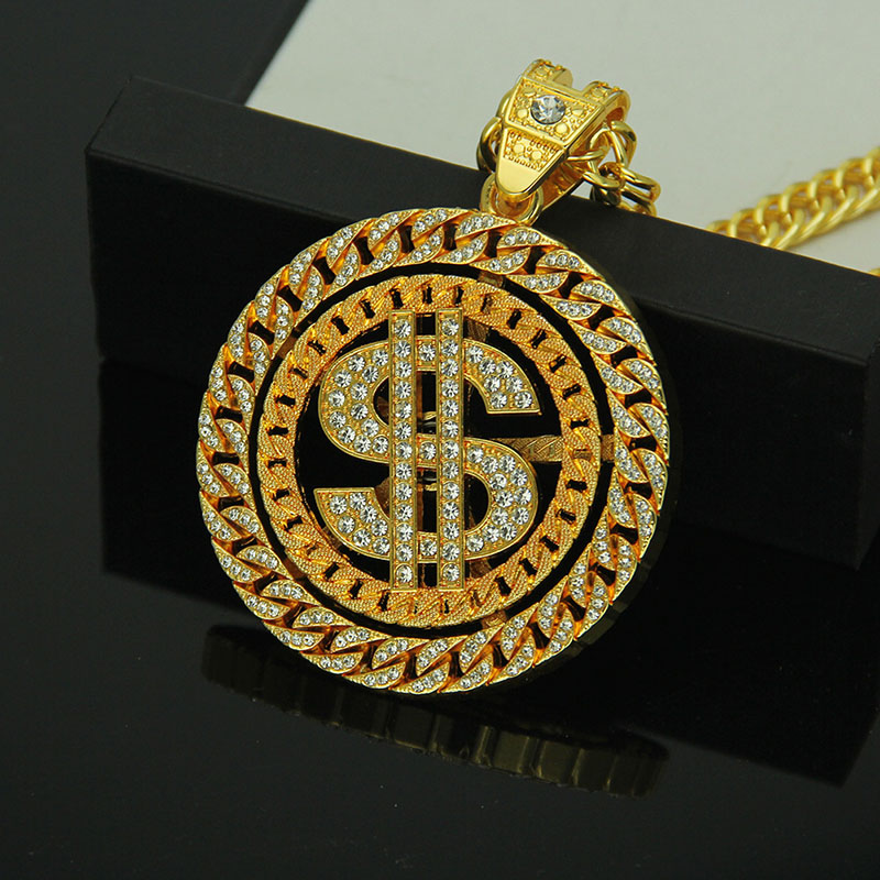 Wholesale Creative Exaggerated Hip Hop Men's Diamond Encrusted Dollar Pendant Necklace