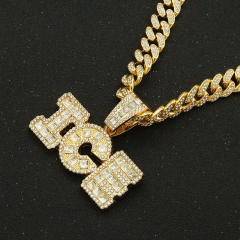 Hip Hop Spliced Square Diamond Letter Pendant Cuban Necklace Alloy Full Diamond Clasp Chain Supplier
