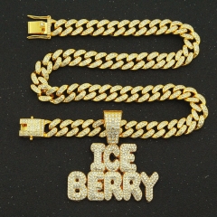 Hip Hop Full Diamond Letter Pendant Wide Cuban Chain Men's Bossy Necklace Supplier