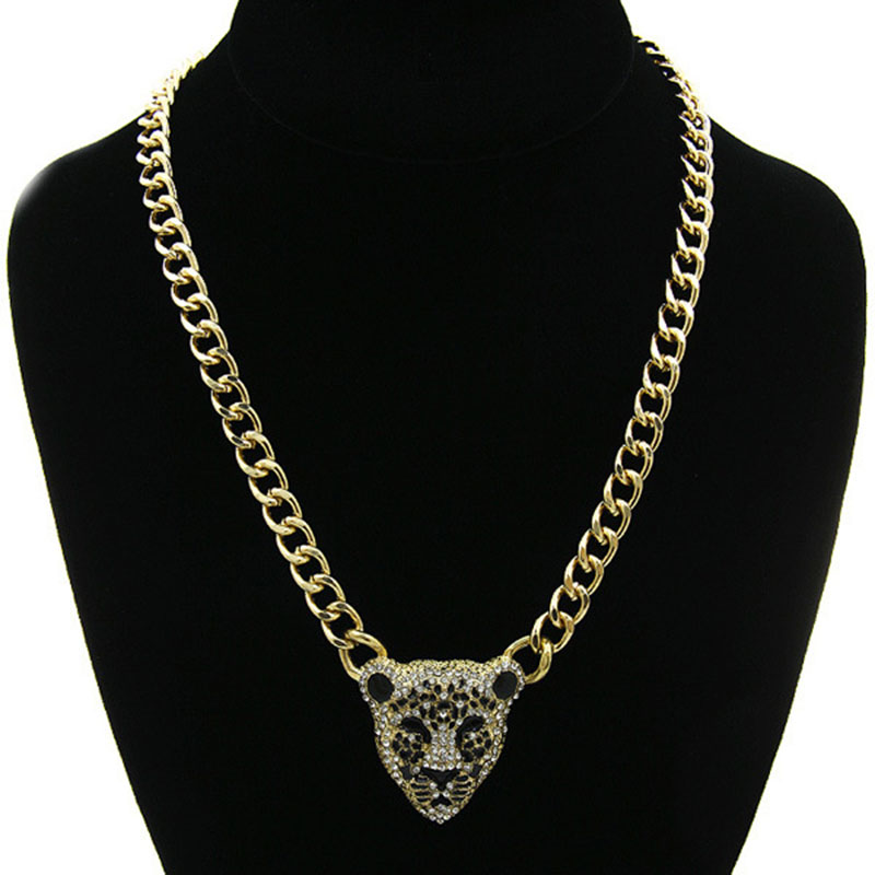 Wholesale Alloy Leopard Head Pendant Necklace With Diamonds