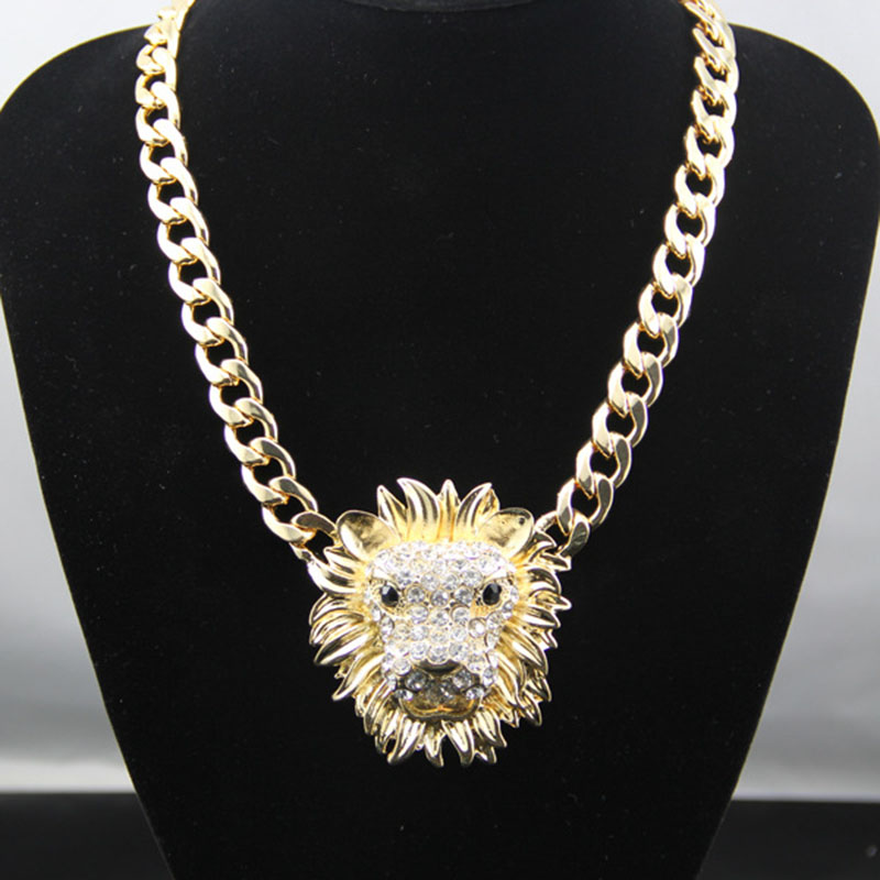 Wholesale Hip Hop Necklace Pendant With Lion Head In Zinc Alloy With Diamonds