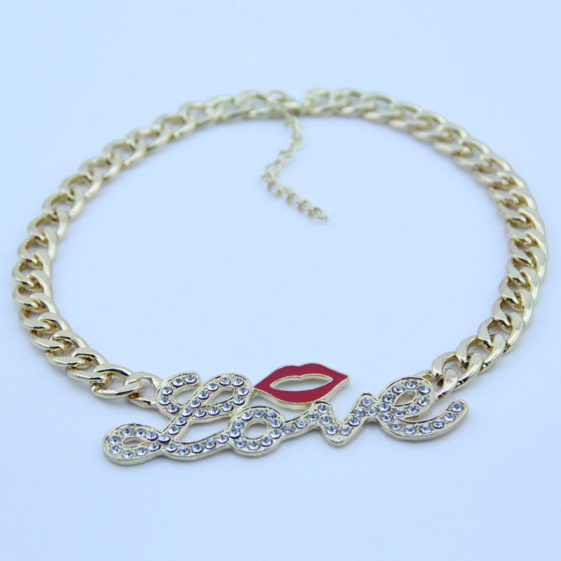 Wholesale Necklace Letters With Diamonds Plus Red Lips Short Closure Chain