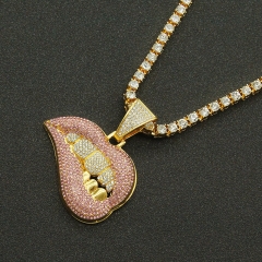 Pink Lips And Diamond Tooth Pendant Necklace Men's Cuba Chain Supplier