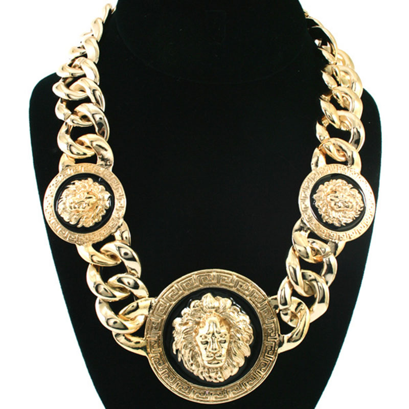 Wholesale Alloy Oil Dripping Lion Head Necklace In Gold