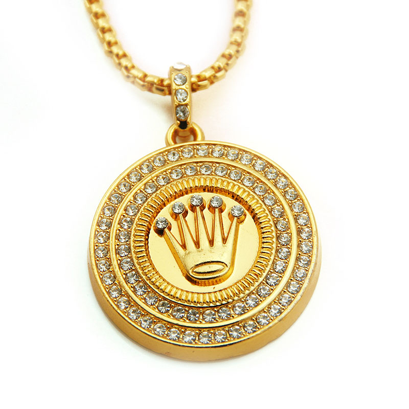 Wholesale Double Circle Diamond Round Crown Pendant Long Necklace