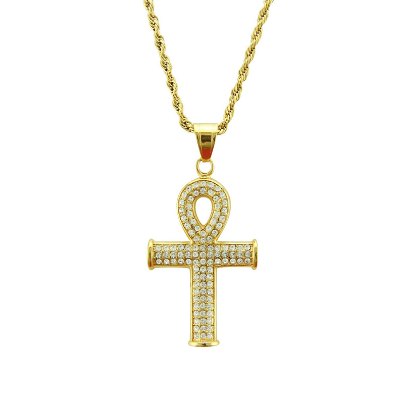 Wholesale Diamond Set Cross Gold Pendant Necklace Punk Necklace Long Geometric