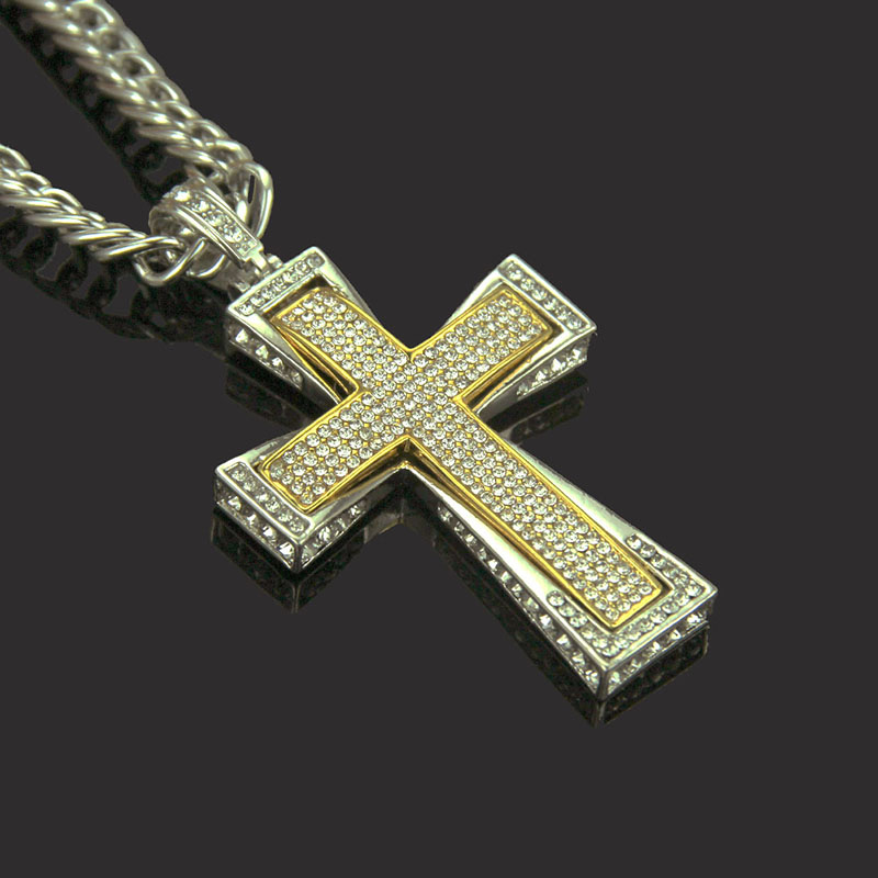 Wholesale Hip Hop Three Dimensional Diamond Encrusted Two Tone Cross Pendant Necklace