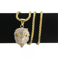 Wholesale Diamond Encrusted Lion Head Hip Hop Unisex Gold Plated Pendant Necklace