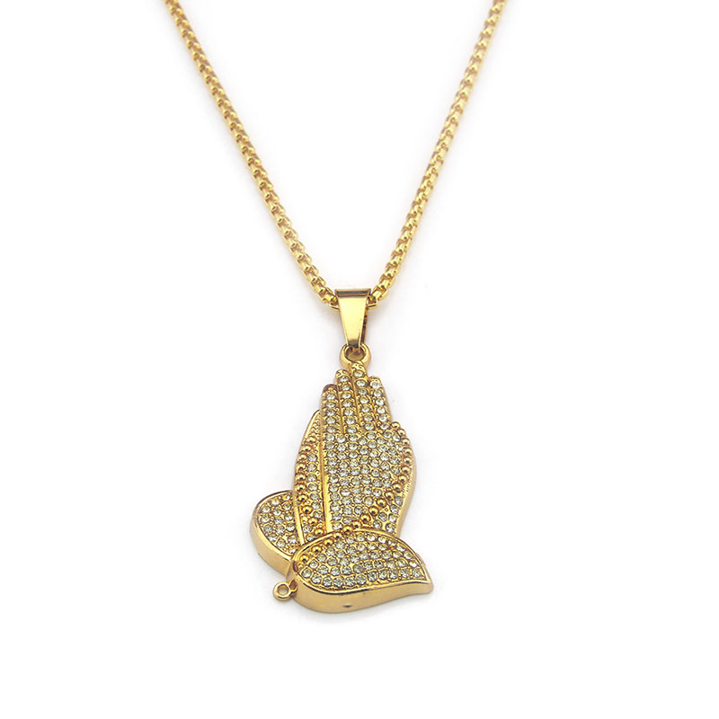 Wholesale Hip Hop 14ct Gold Buddha Hand With Diamonds Pendant Necklace 30 Inch Gold Chain