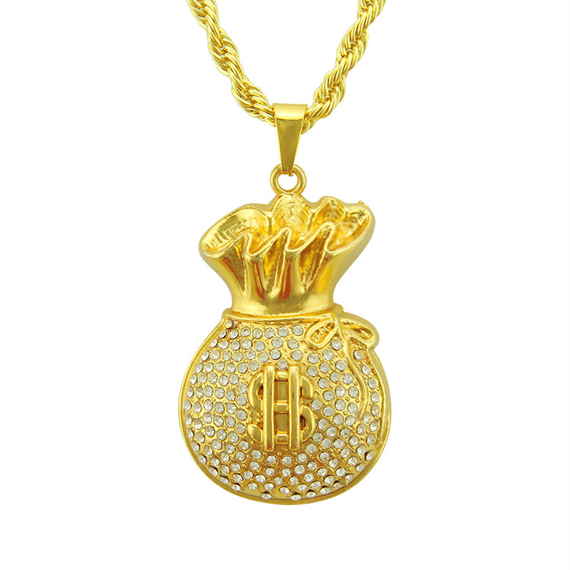 Wholesale Hip Hop Three Dimensional Dollar Bill Pouch Pendant Necklace With Diamonds