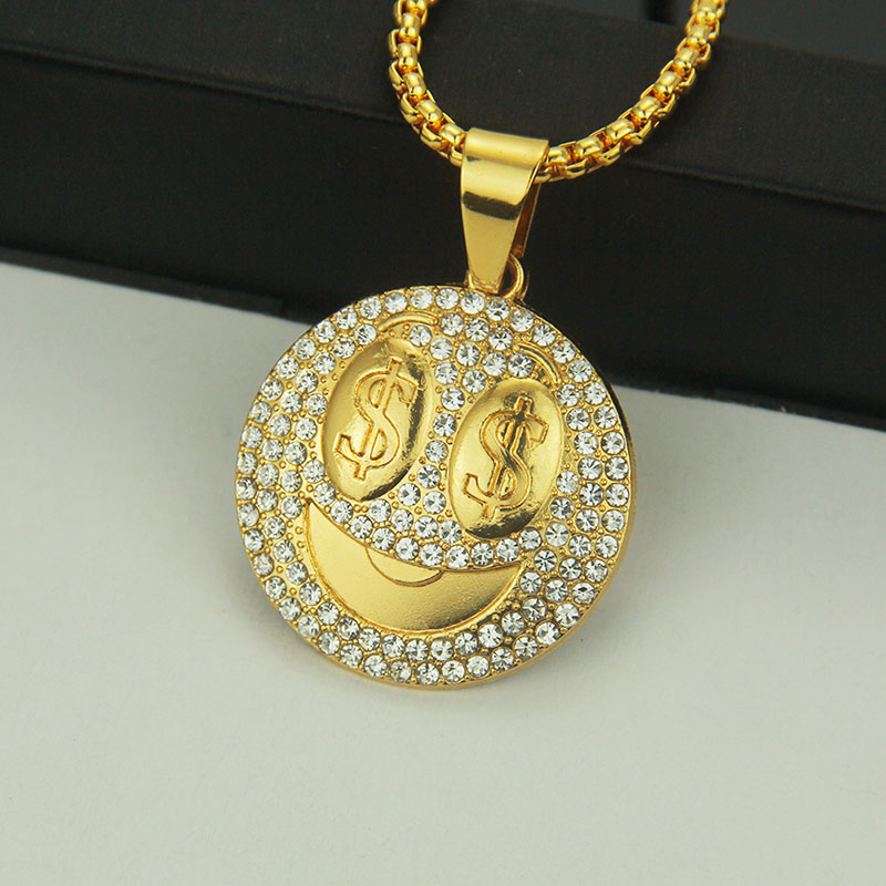 Wholesale Hip Hop Smiley Face Dollar Pendant Necklace With Diamonds