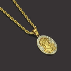 Wholesale Hip Hop With Diamond Beauty Head Pendant Long Necklace Gold