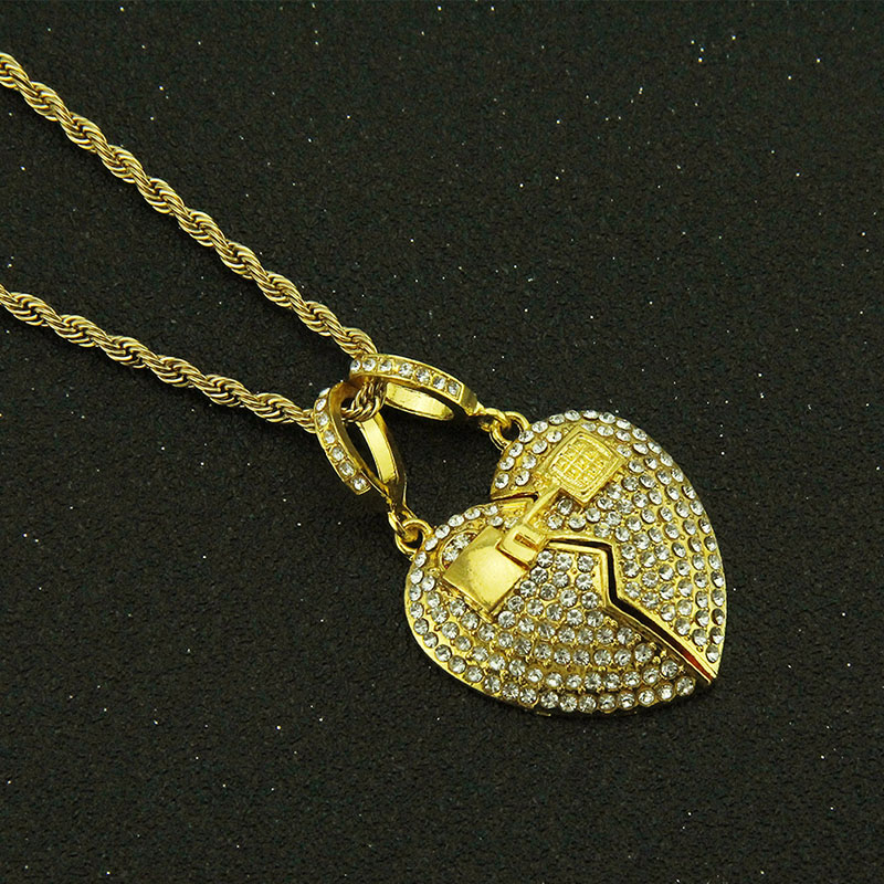 Diamond Encrusted Three Dimensional Magnet Broken Heart Pendant Necklace Distributor
